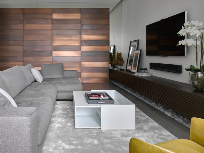 modern living room with matte wood paneling on one of the walls