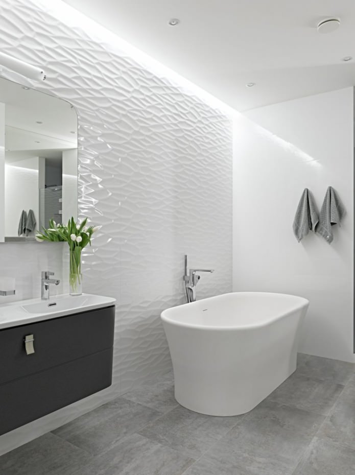 white relief panels in the bathroom