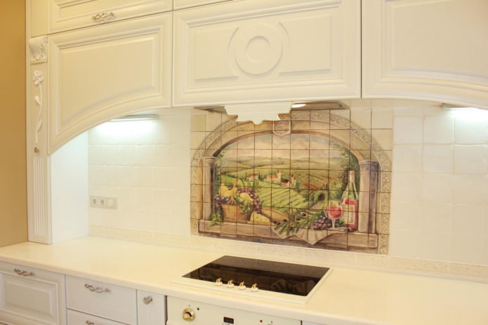 ceramic tile panel in the kitchen interior