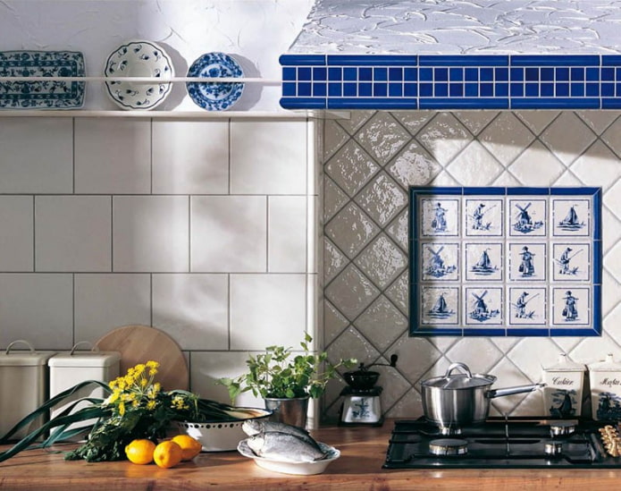 ceramic tile panel in the kitchen interior