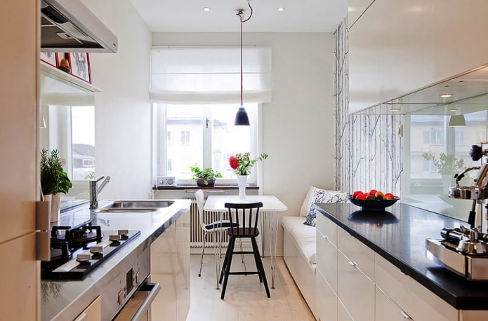 two-row kitchen with a dining area