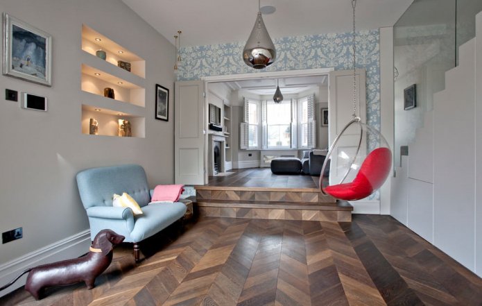 brown floor and gray walls