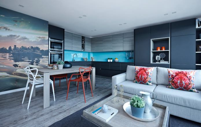 Gray parquet in the kitchen-living room