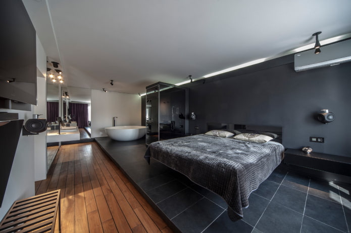 black bed with a floating effect