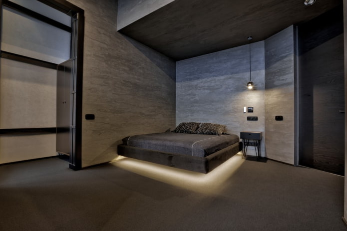 bed with lighting and a floating effect
