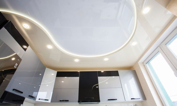 unusual ceiling with lighting in the kitchen