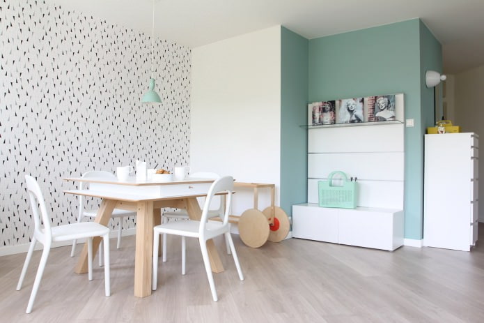 dining room in Scandinavian style in white and mint colors
