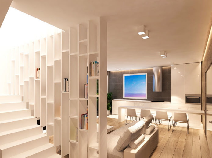 plasterboard partition with a staircase in the interior