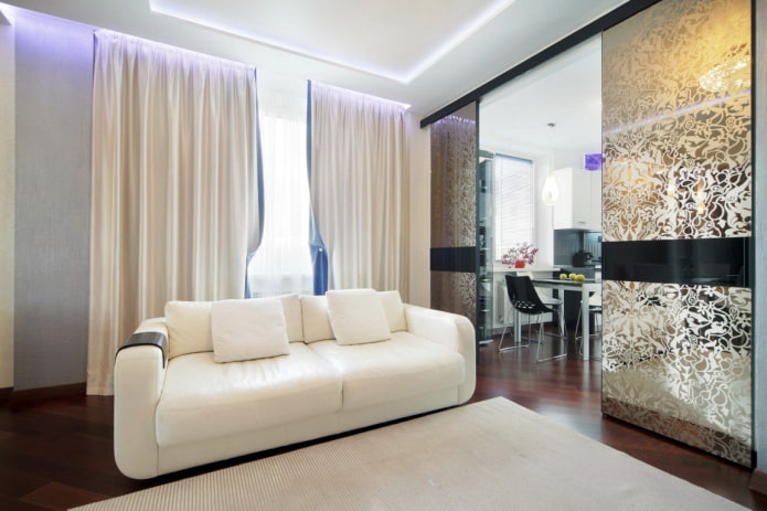sliding partition in the interior of the kitchen-living room