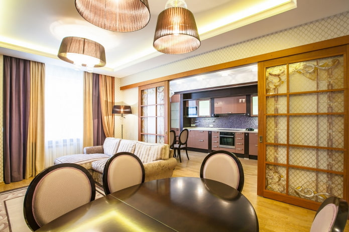 sliding partition in the interior of the kitchen-living room