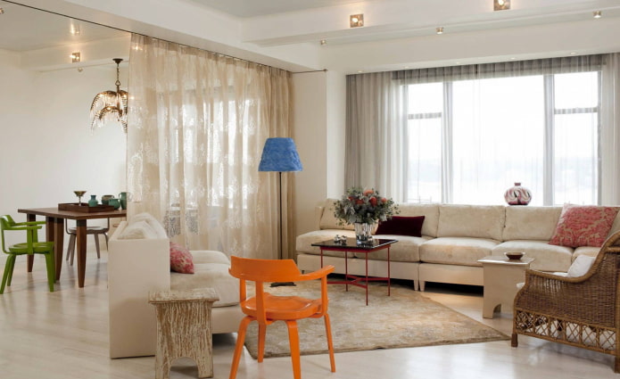 textile partition in the interior of the kitchen-living room