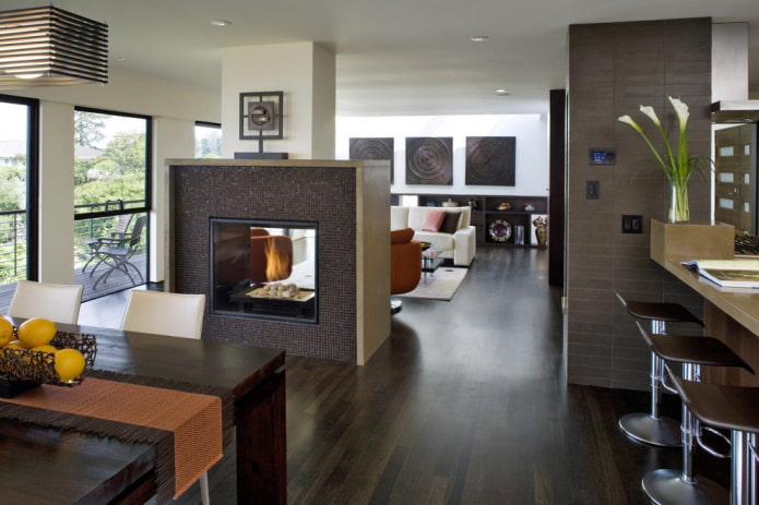 fireplace in the kitchen-living room interior