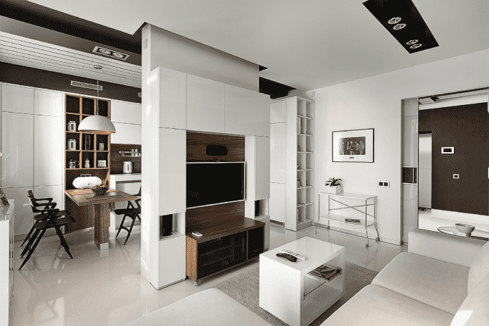 partition with TV in the interior of the kitchen-living room