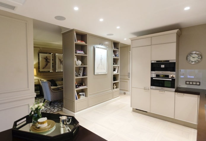 partition with shelves in the interior of the kitchen-living room
