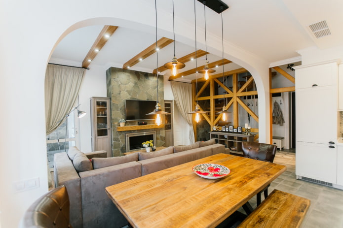 arched partition in the interior of the kitchen-living room