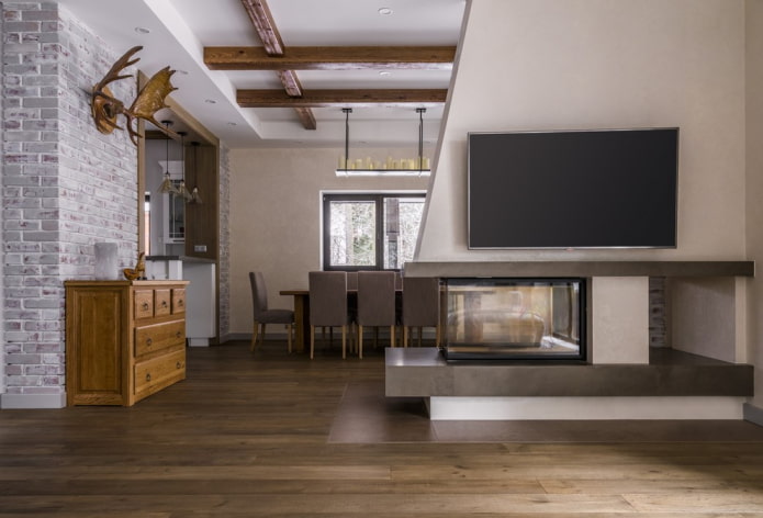 diagonal partition in the interior of the kitchen-living room