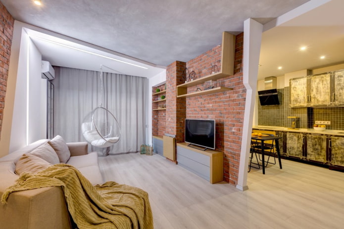 partition in the interior of the kitchen-living room in the loft style