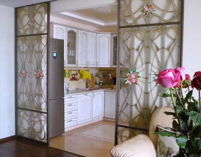 stained glass partition in the interior of the kitchen-living room