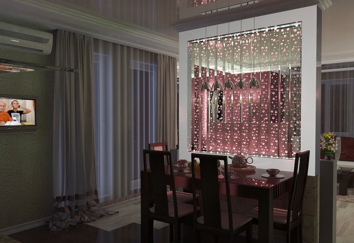 partition with lighting in the interior of the kitchen-living room