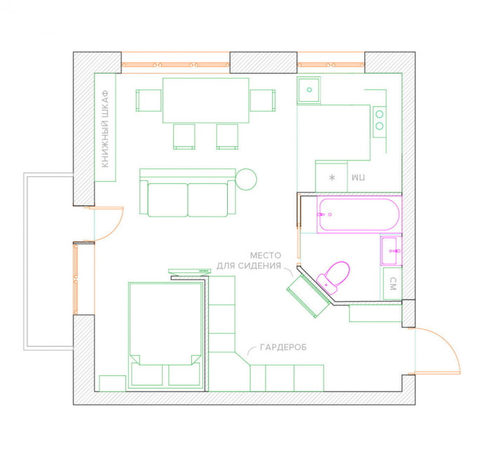 redevelopment of a one-room apartment in a Khrushchev building
