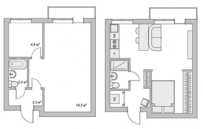 redevelopment of a one-room apartment in a Khrushchev building