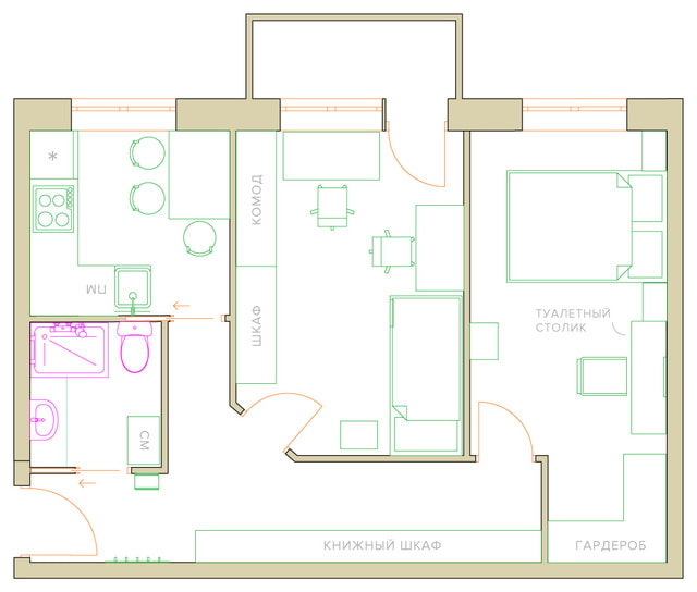 redevelopment of a two-room apartment in a Khrushchev building