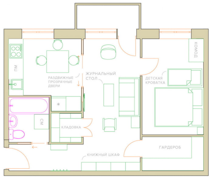 redevelopment of a two-room apartment in a Khrushchev building