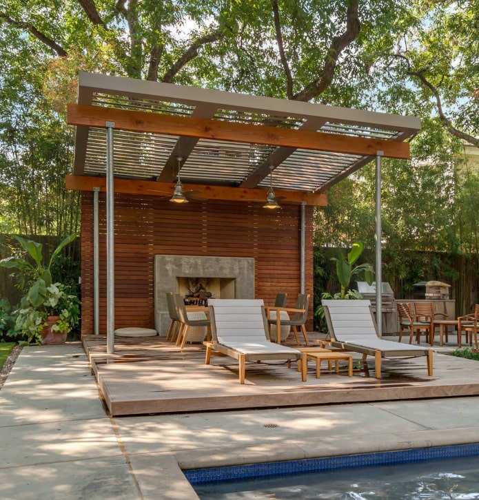 area with a fireplace outside