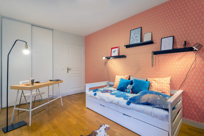 laminate on the floor and peach wallpaper