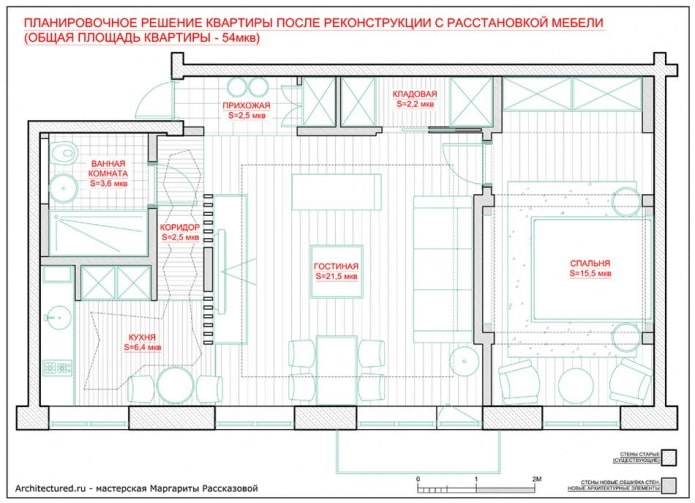 Layout of the 54 sq. m. apartment.