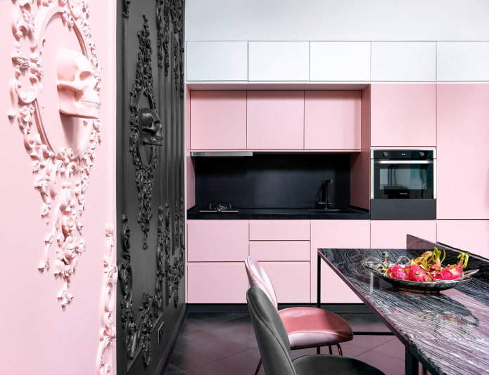 Black and pink single-row kitchen