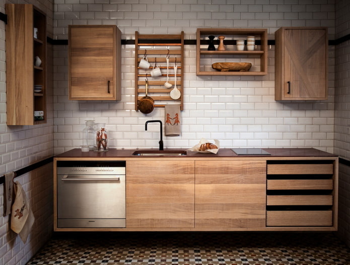 Single-row wood-style kitchen