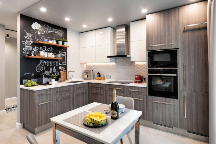 Corner kitchen with slate wall