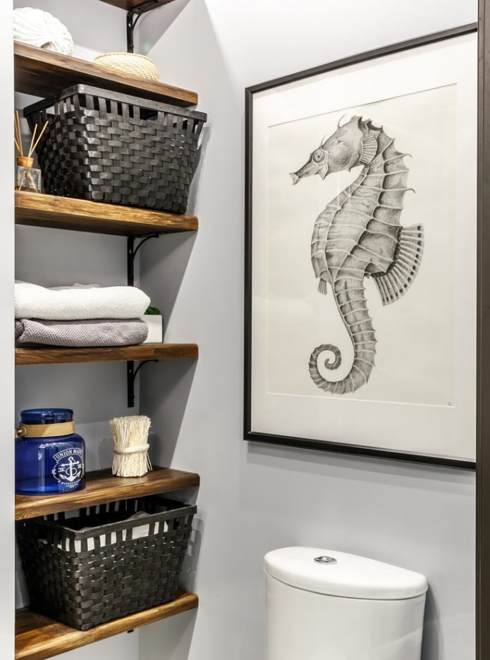 Baskets on shelves in the bathroom