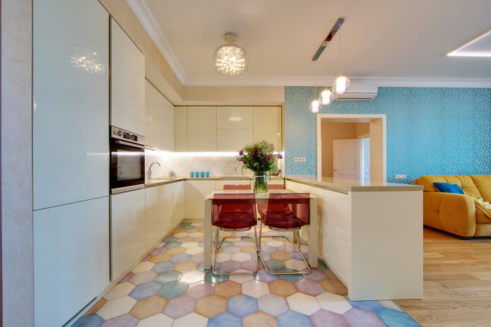 honeycomb floor tiles in the kitchen interior