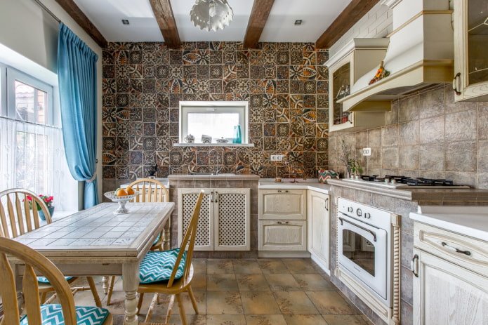 brown floor tiles in the kitchen interior
