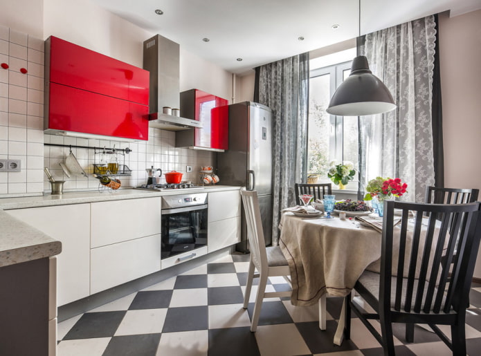black and white tiles in the kitchen interior