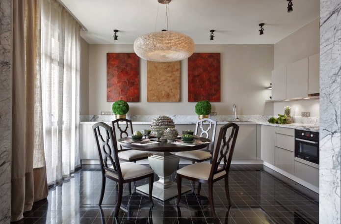black floor tiles in the kitchen interior