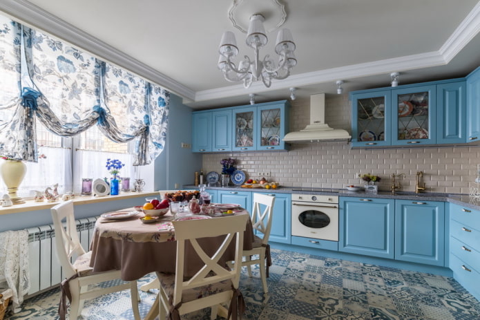 patchwork floor tiles in the kitchen interior