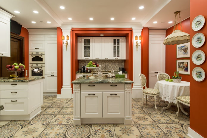 floor tiles with a pattern in the kitchen interior