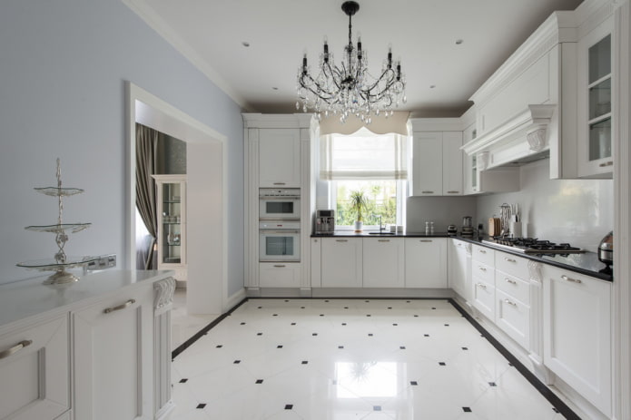 white floor tiles in the kitchen interior