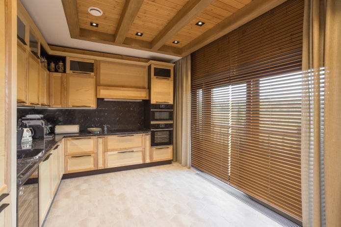 wood-like floor tiles in the kitchen interior