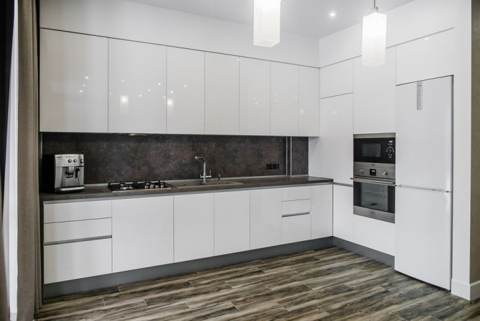 wood-like floor tiles in the kitchen interior
