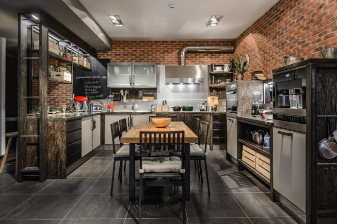 black floor tiles in the kitchen interior