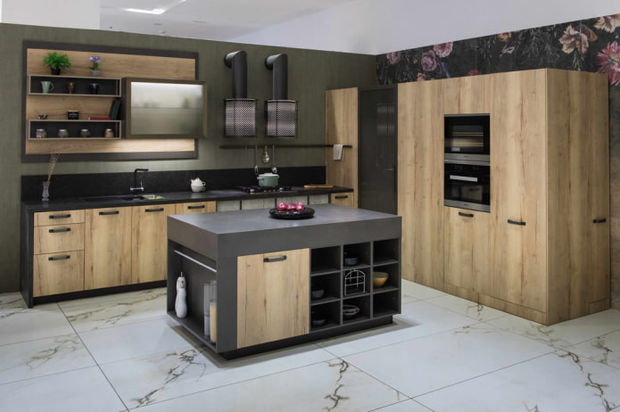 rectangular floor tiles in the kitchen interior