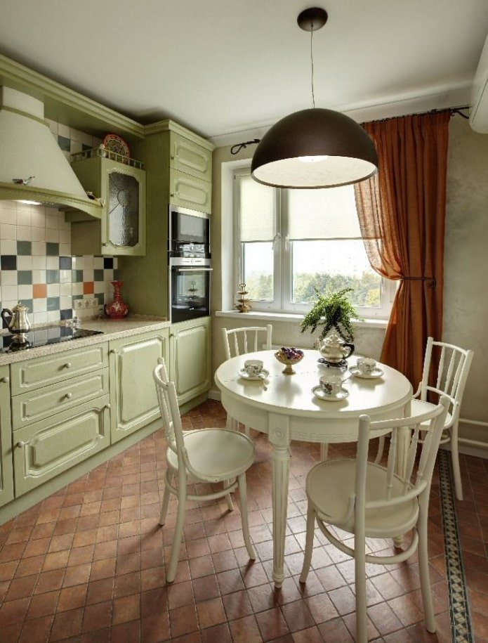 diamond-shaped floor tiles in the interior kitchens
