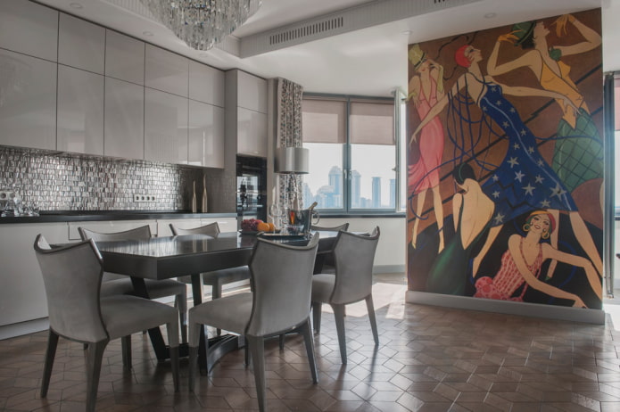 diamond-shaped floor tiles in the kitchen interior