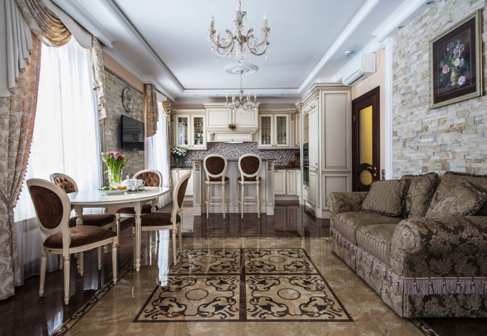 floor tiles with a panel in the kitchen interior