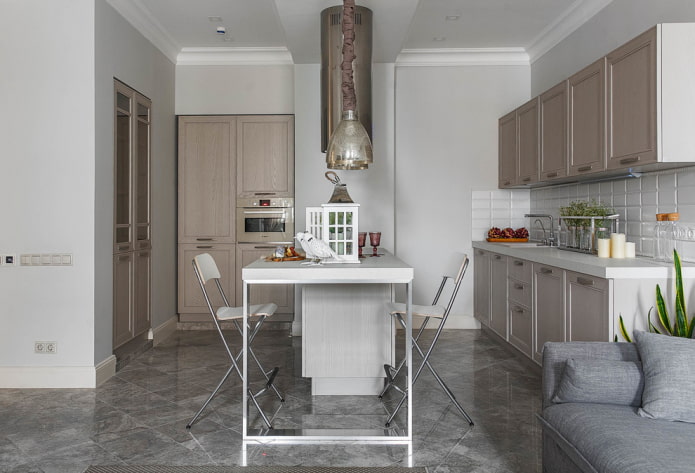 gray floor tiles in the kitchen interior