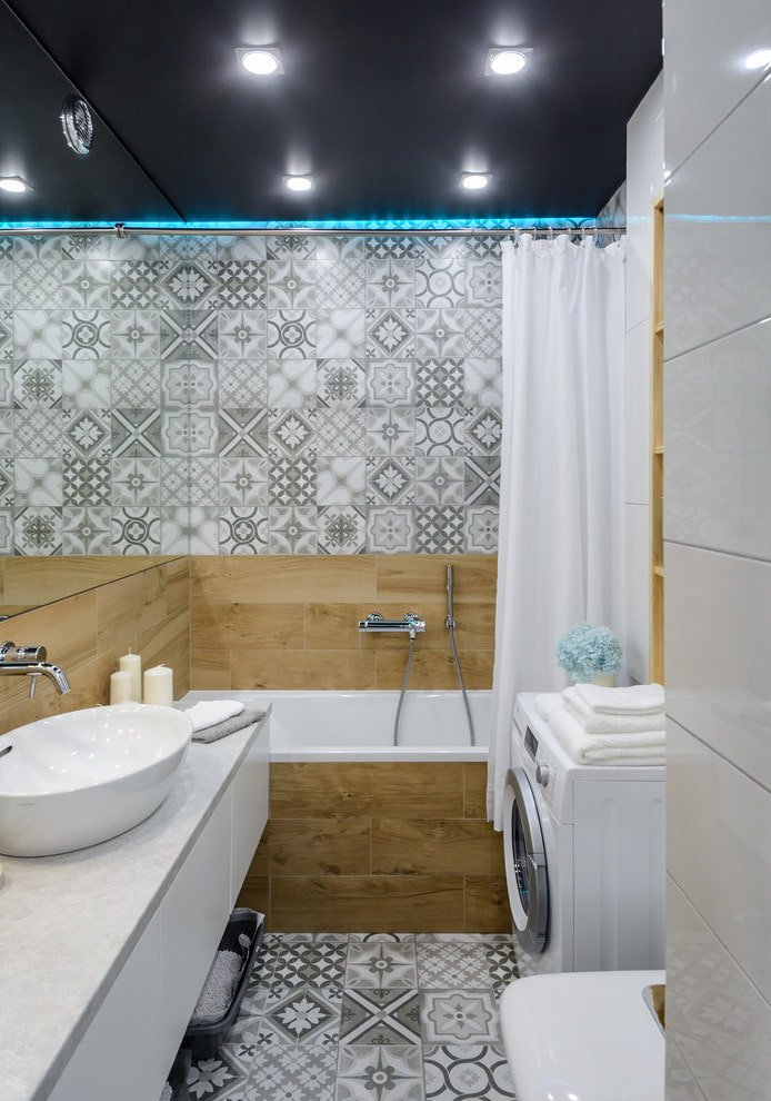 Bathroom with patchwork tiles and imitation wood